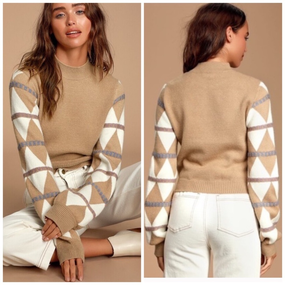 Lulus Camel Geometric Sleeve Sweater Brown Cream Argyle Pattern Knit Pullover
